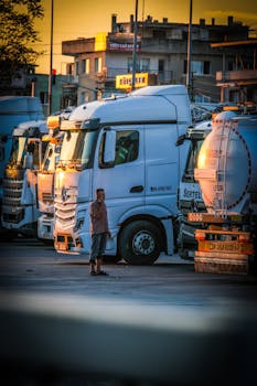 A man walks among parked trucks during sunset, highlighting urban transportation.