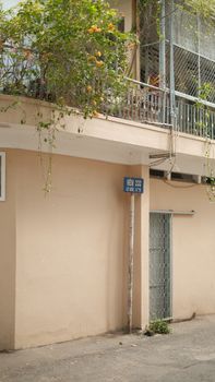 An urban alleyway featuring greenery overhanging a building with a visible street sign.