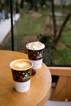 Warm coffee cups on a wooden table with outdoor view, perfect for a cozy cafe vibe.