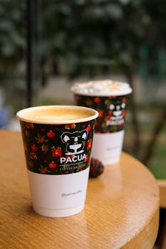 Two festive coffee cups with holiday designs on a round wooden table.