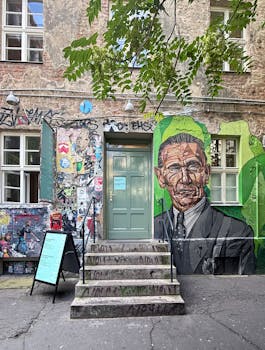 Vibrant street art and graffiti adorn the facade of an old urban building, showcasing artistic creativity.