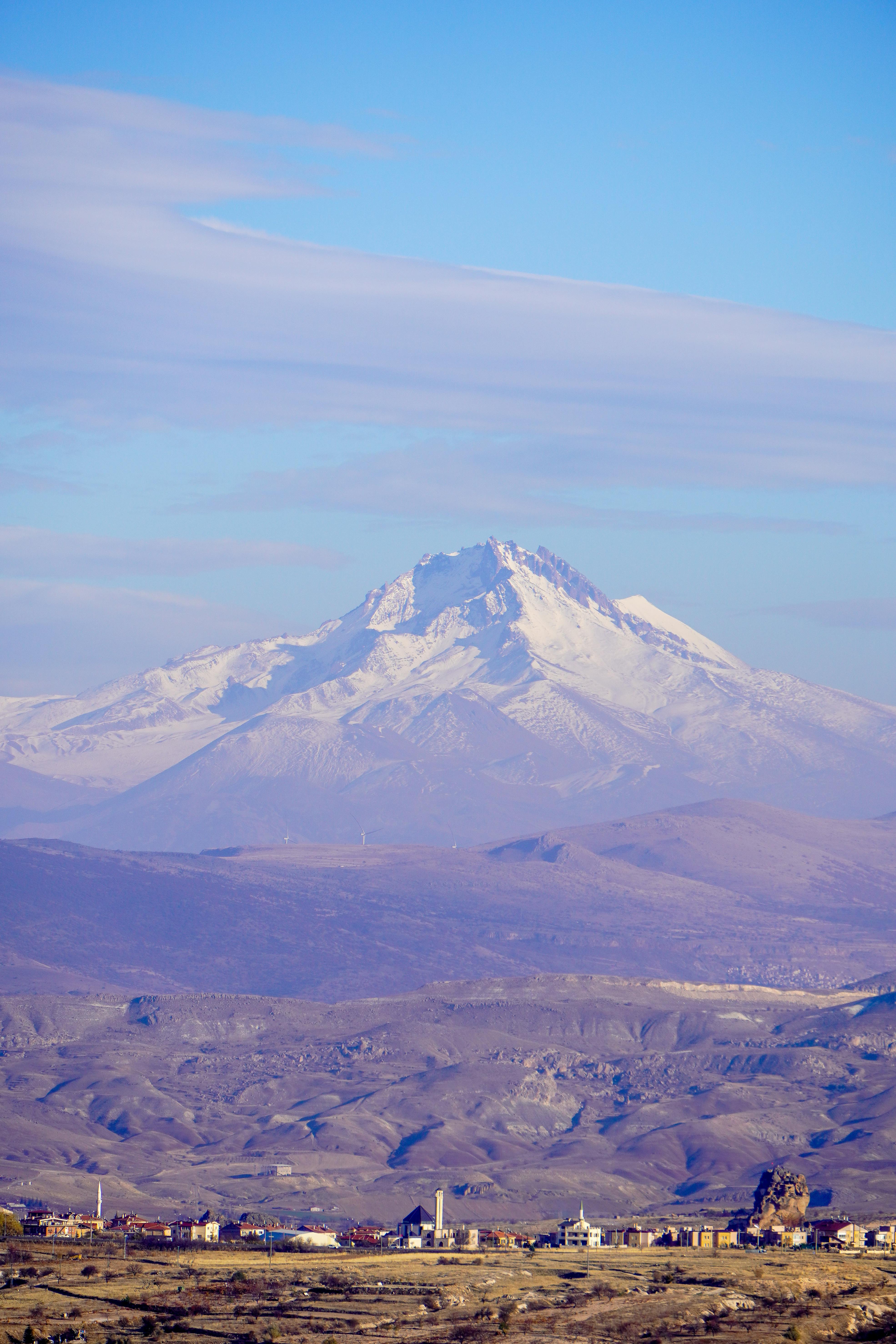 Stunning landscape featuring snow-capped Mount Erciyes seen from Uçhisar, Nevşehir, highlighting natural beauty.