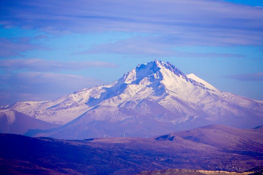 Snow-capped Mount Erciyes under a clear blue sky in Türkiye, capturing the serene beauty of nature.