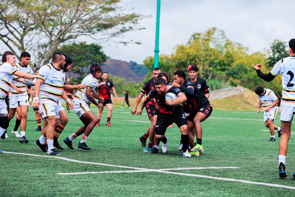 Vibrant scene of a competitive rugby match on a bright outdoor field.