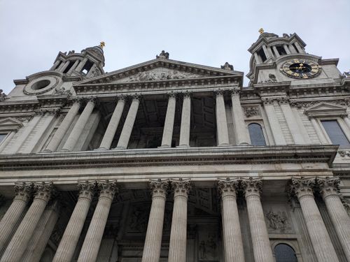 Free Close-up view of St. Paul's Cathedral's classical facade in London. Stock Photo