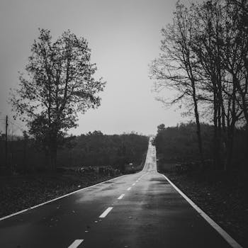 A deserted road stretching through a forest under a cloudy sky in black and white.