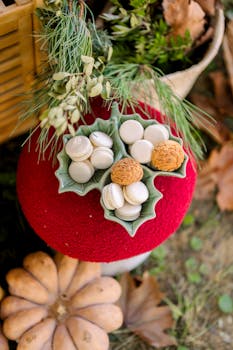 Festive macaron display on red fabric with autumn decor and pine branches.