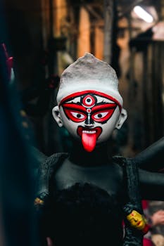 Captivating image of a Goddess Kali statue during a festive celebration in Kolkata, India.