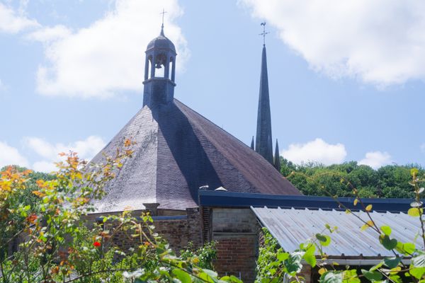 Église avec clocheton et flèche élancée derrière des arbustes en fleurs