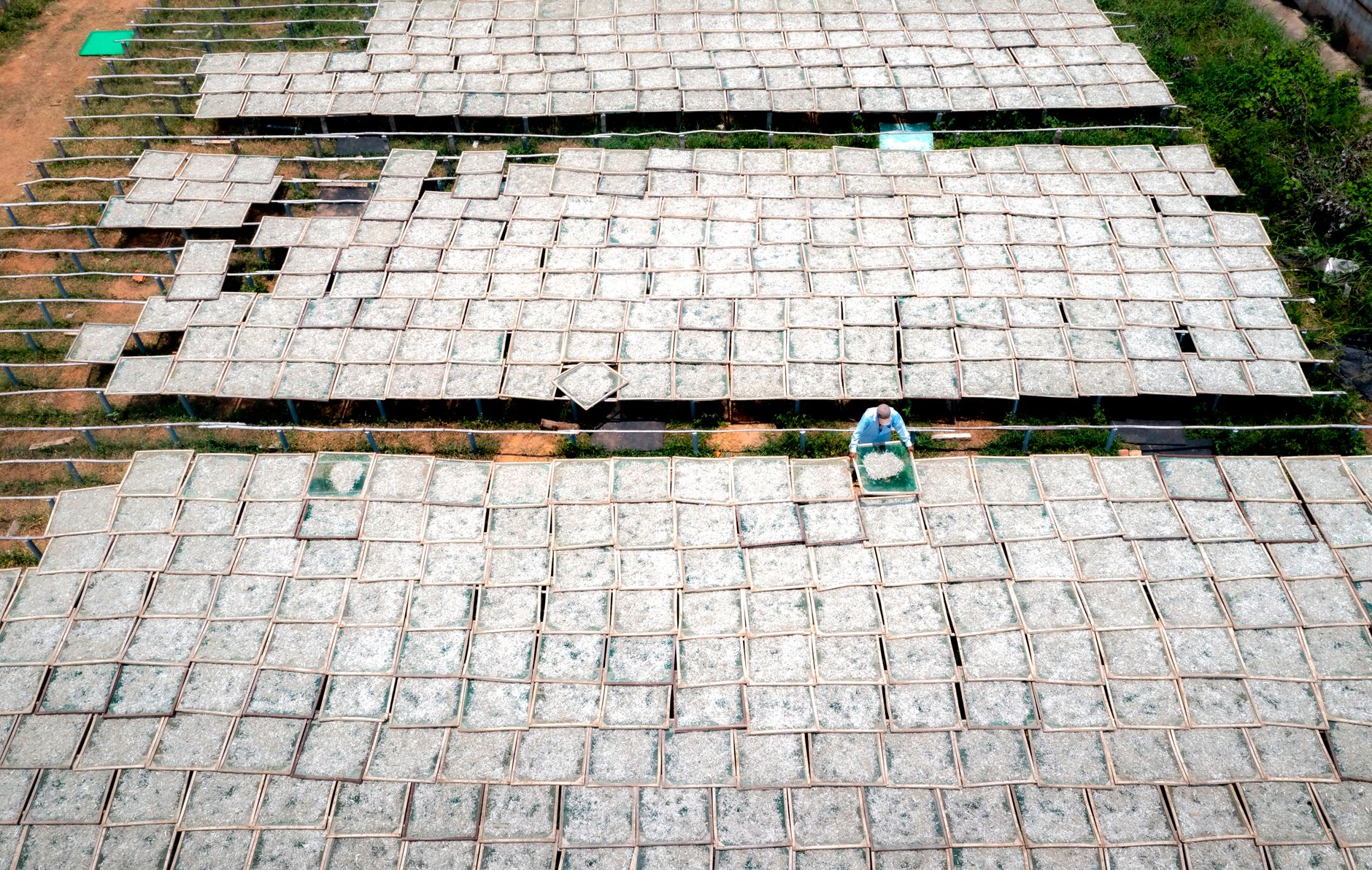 Aerial shot of a traditional rice paper drying field in Vietnam, illustrating local food production.