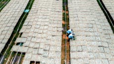 Farmers Inspecting Seaweed Drying Racks from Above