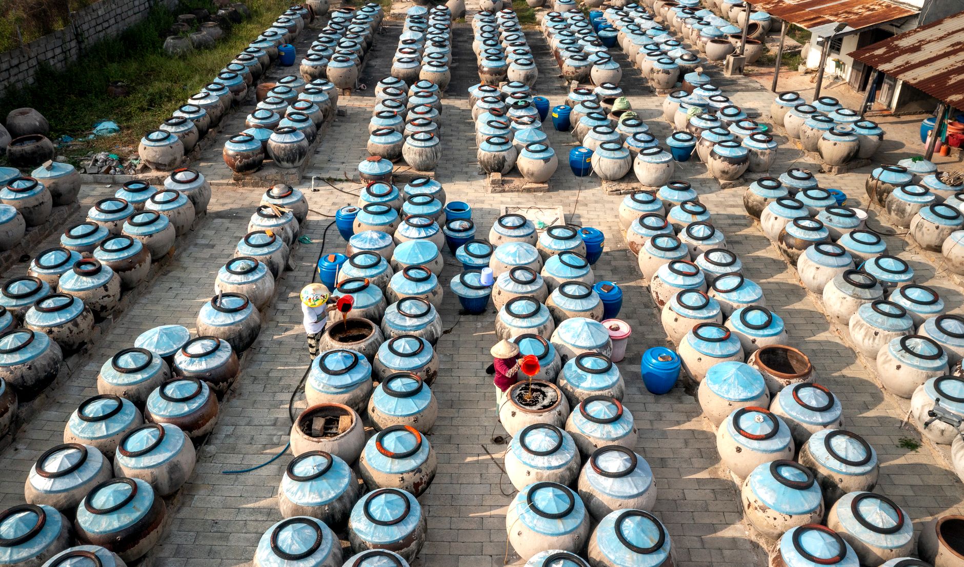 Aerial view of stone jars used for fermentation in a rural setting, Vietnam.