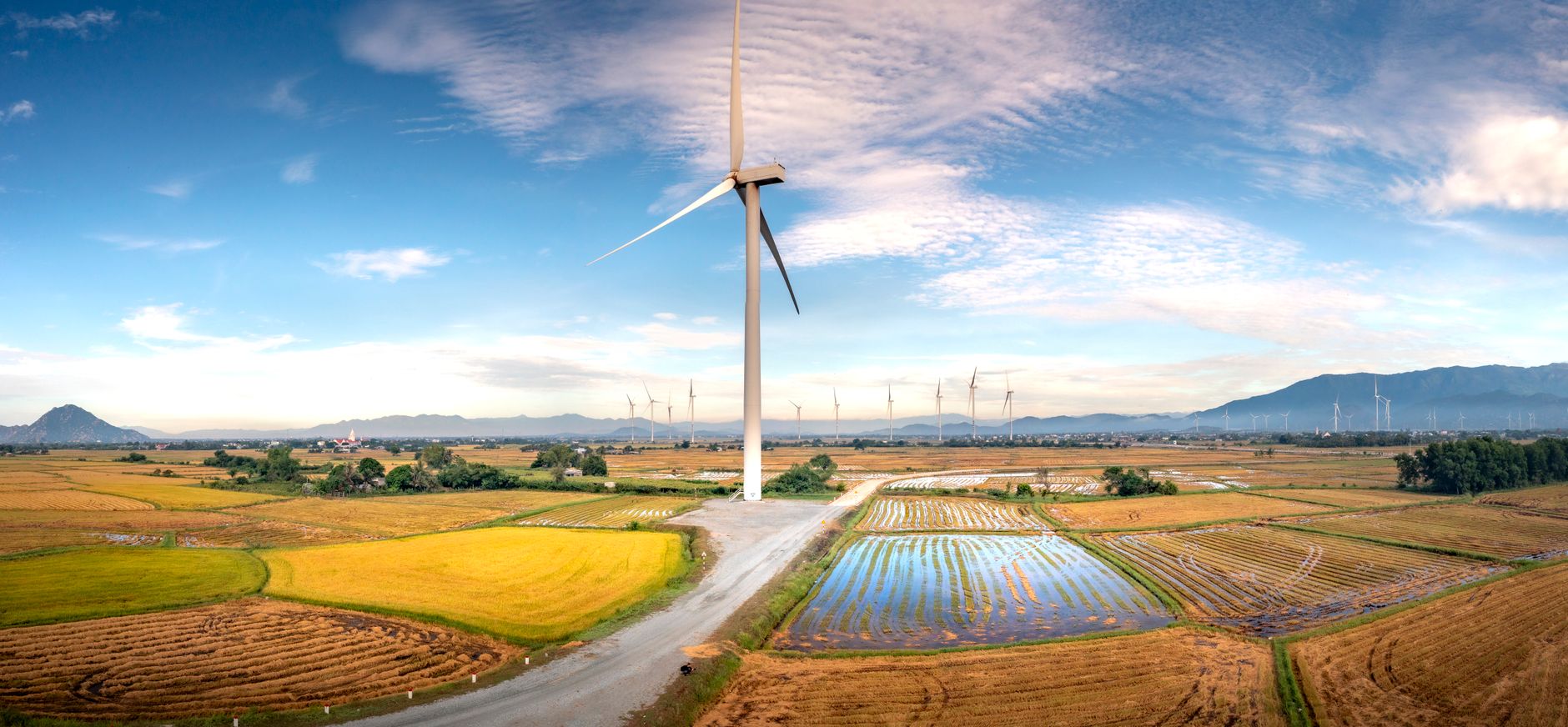 Panoramic view of wind turbines in Vietnam over golden rice fields and mountains, highlighting renewable energy.
