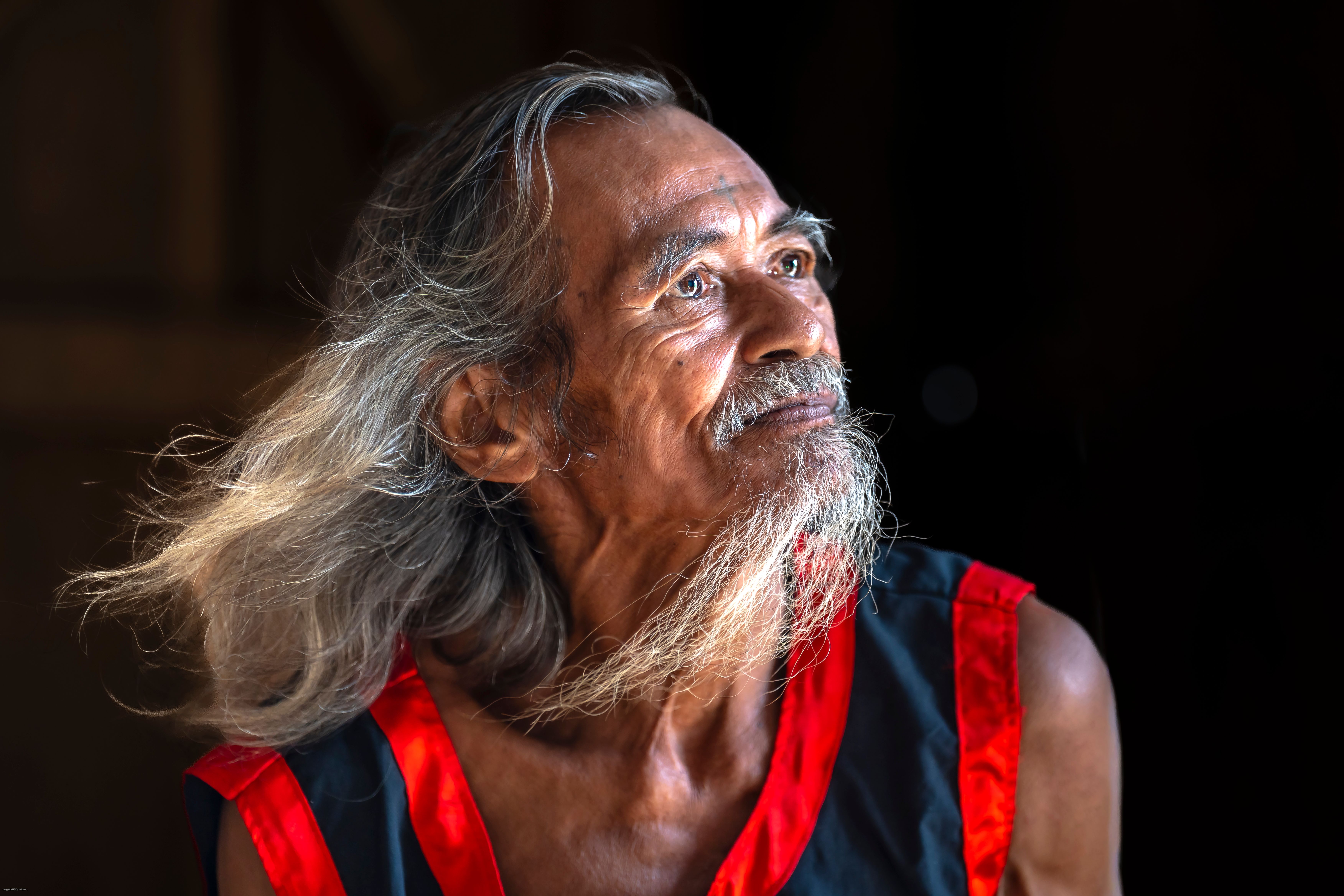 Portrait of an elderly man with long hair gazing thoughtfully to the side, illuminated by soft lighting.