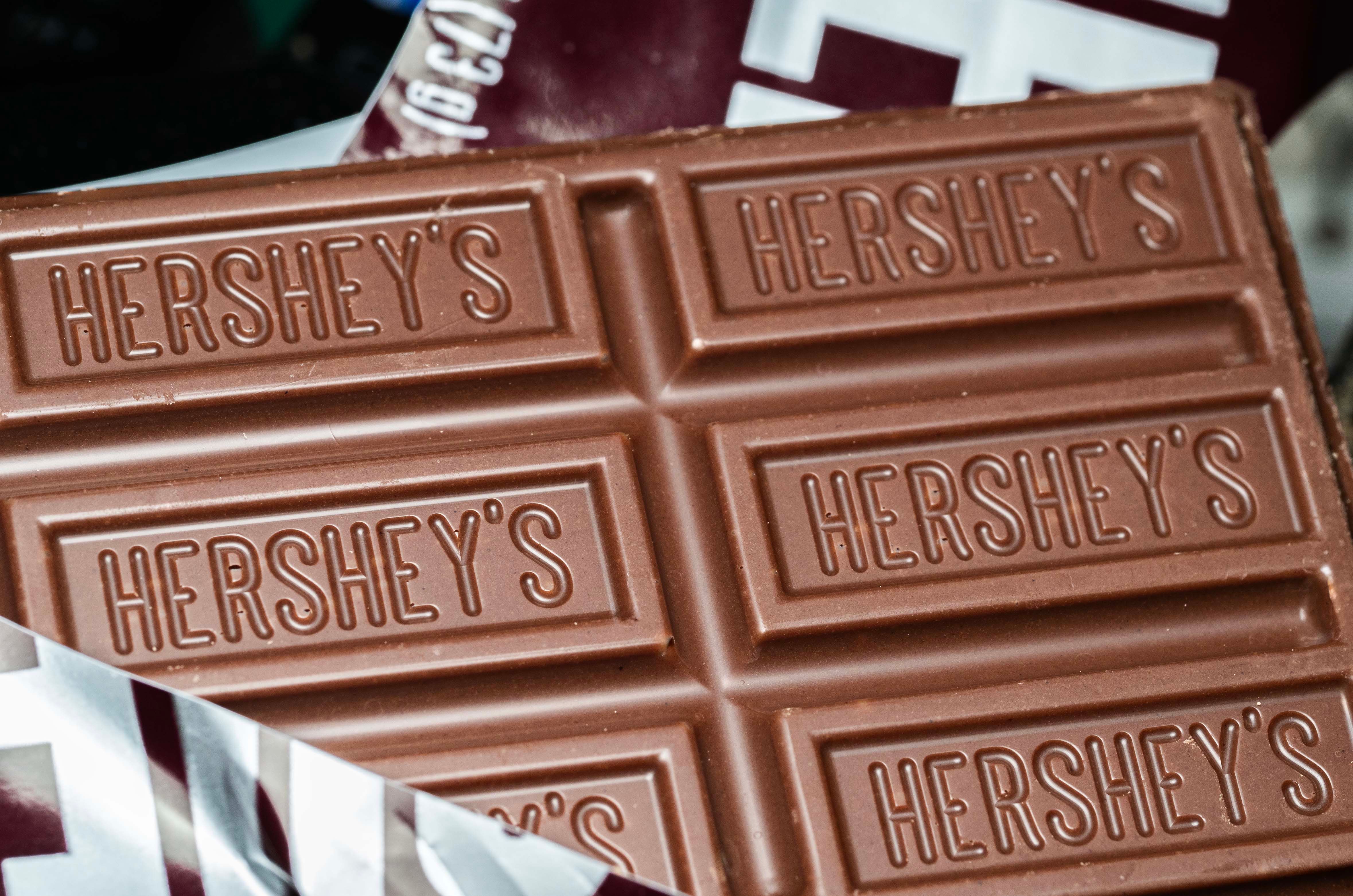 Close-up of a classic Hershey's milk chocolate bar partially unwrapped.