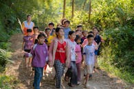 Group of Children Walking on Forest Path
