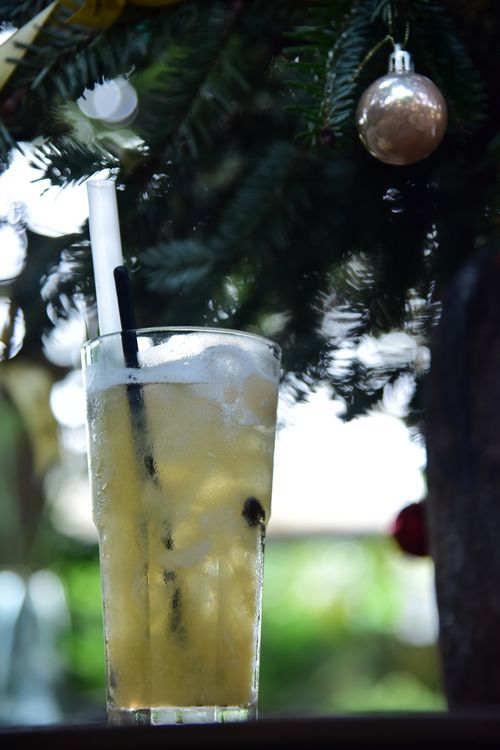 Free A cold refreshing drink in a glass with festive holiday decorations and tree in background. Stock Photo