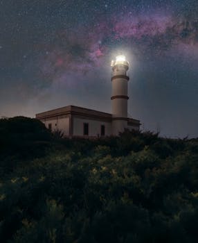 Scenic view of a lighthouse illuminated under the starry night sky with the Milky Way visible.