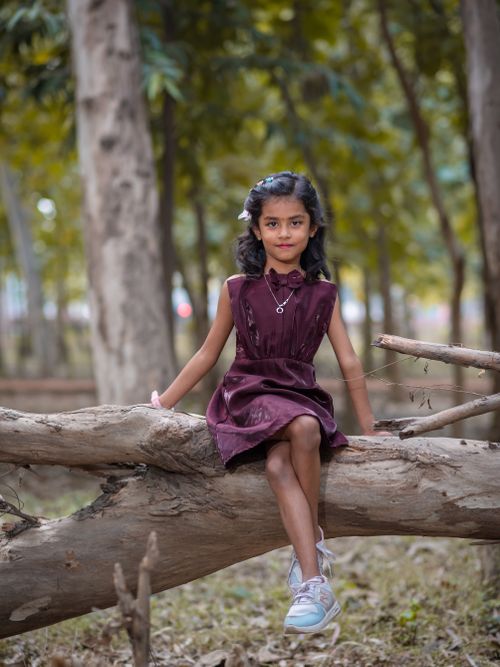 Free A young girl in a magenta dress smiles while sitting on a log in a forest. Stock Photo