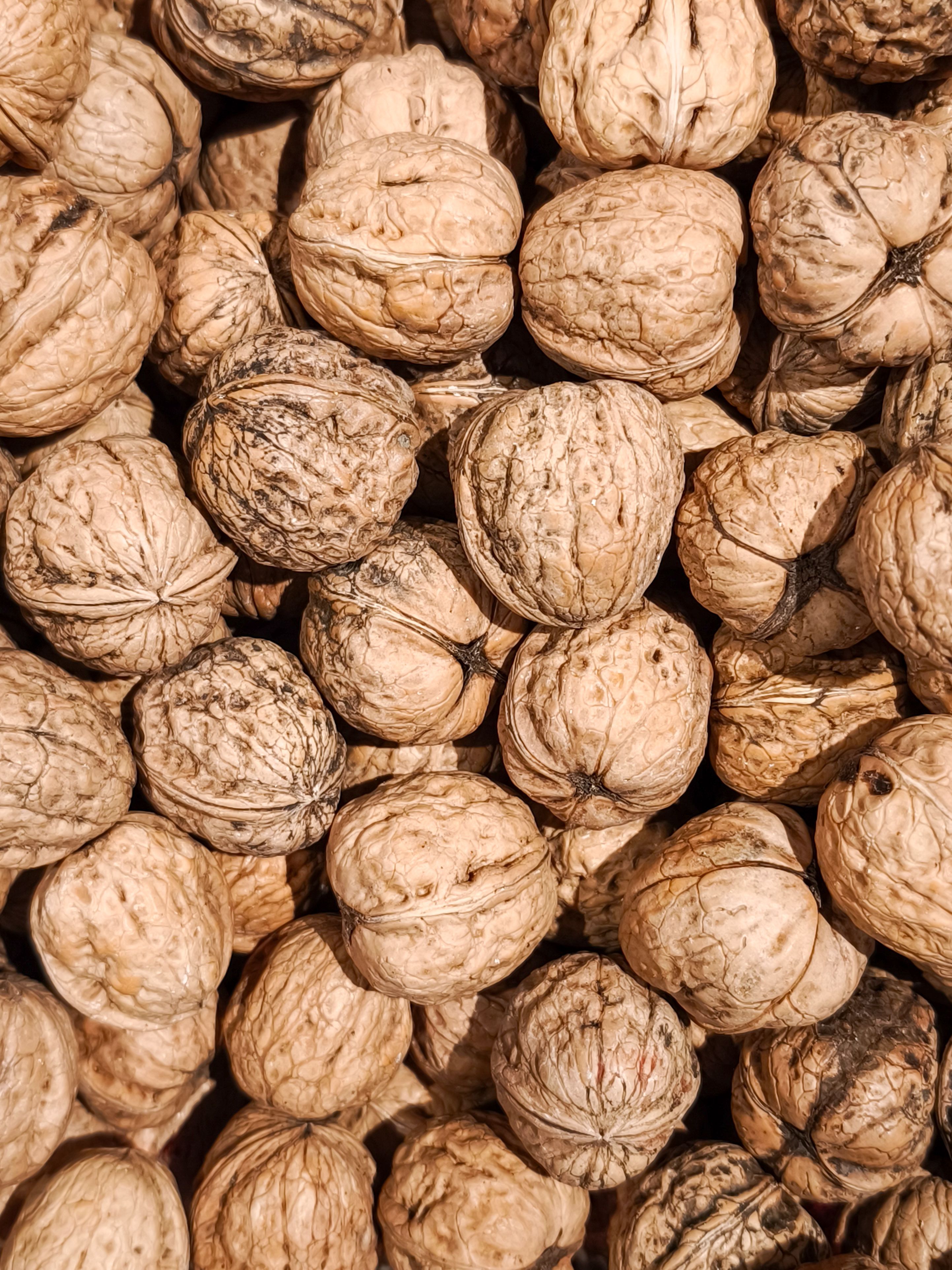 A close-up shot of a pile of walnuts, showcasing texture, ideal for culinary or health-related purposes.