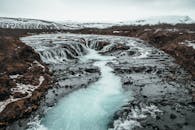 在冰岛崎岖的地形中，欣赏瀑布的壮观景色，捕捉宁静原始的自然之美