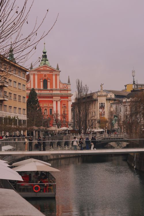 Free View of Ljubljana's skyline with the iconic Franciscan Church in Slovenia. Stock Photo
