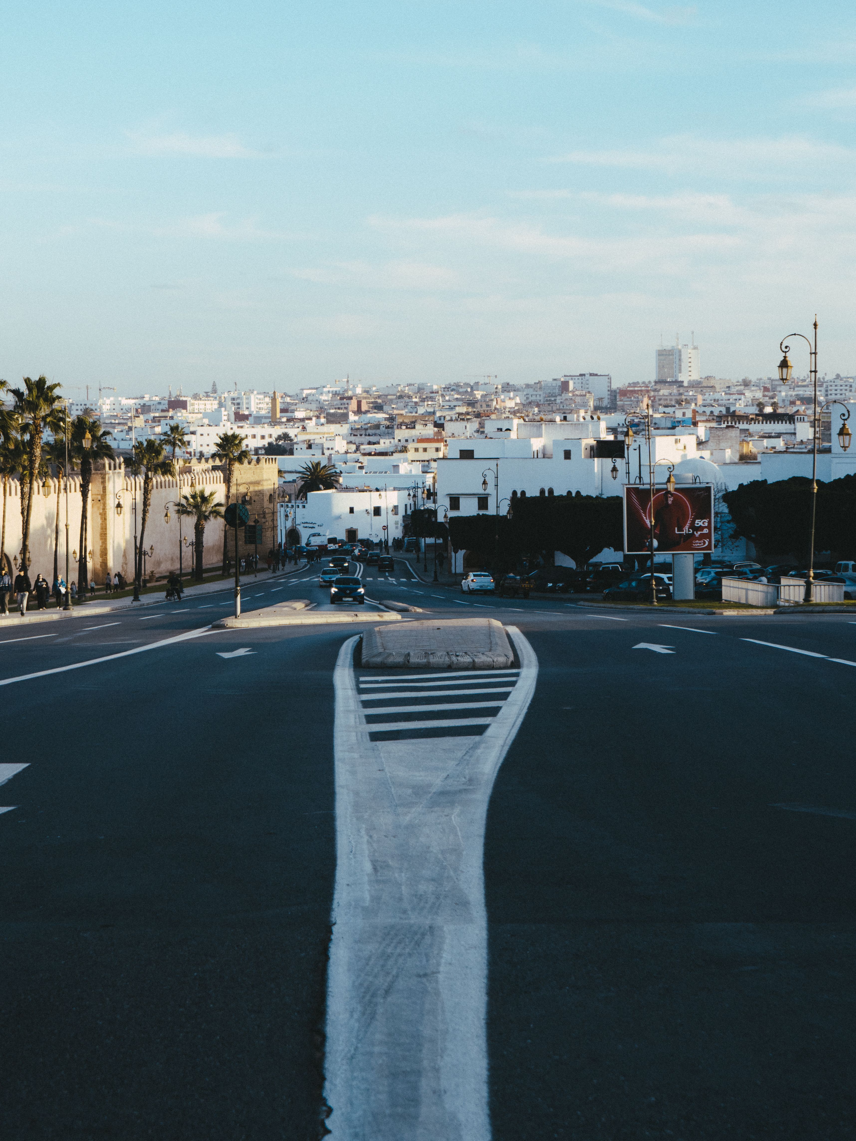 Wide view overlooking a major roadway in Rabat, Morocco, leading into the cityscape.