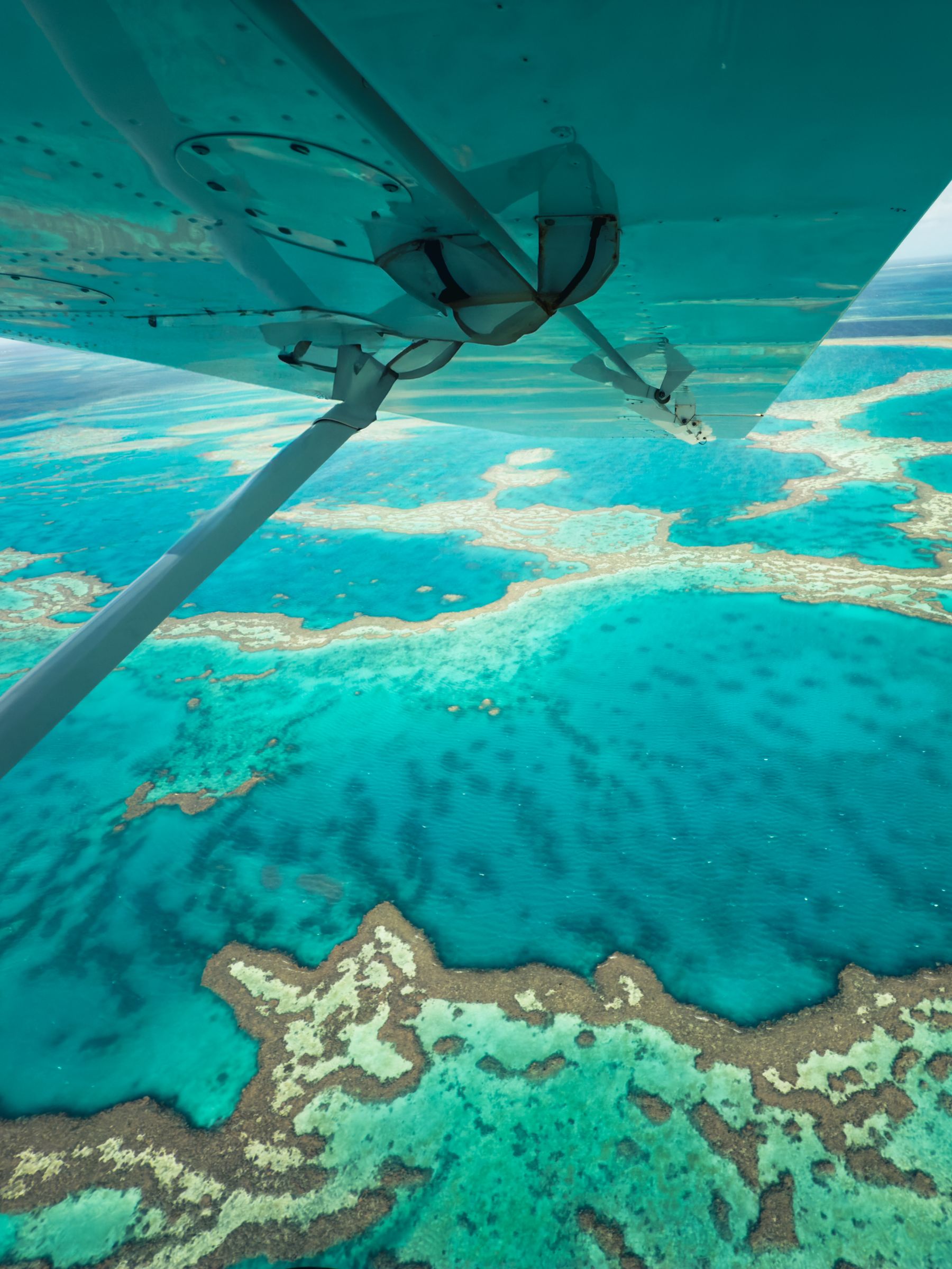 Great Barrier Reef formations spreading through turquoise water beneath a scenic-flight aircraft