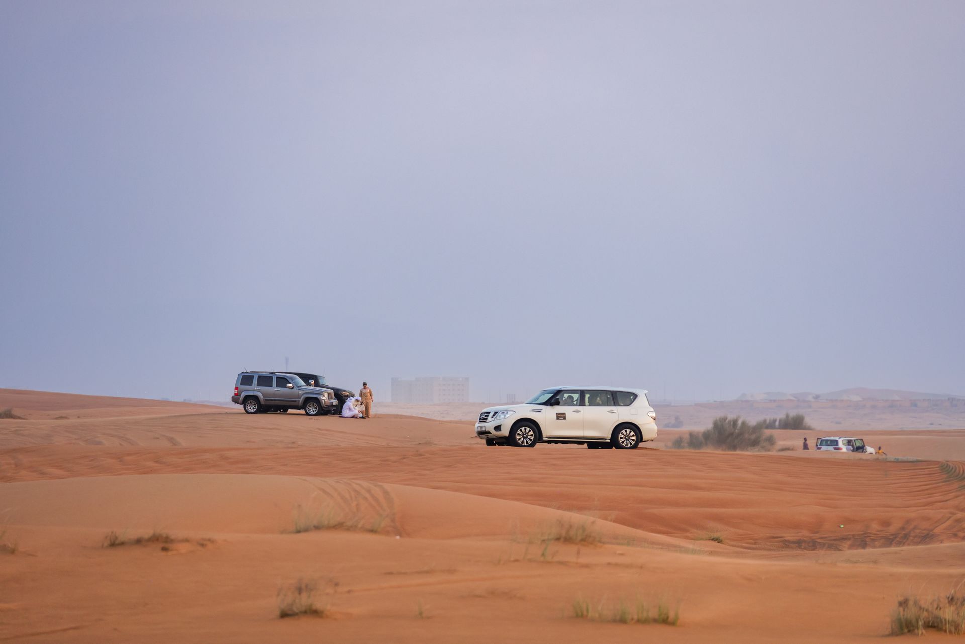 SUVs navigate the sandy dunes during a thrilling desert safari adventure.