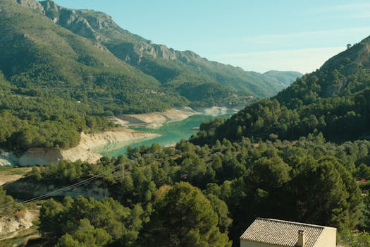 Panoramic view of lush green hills and reservoir in Guadalest, Spain.
