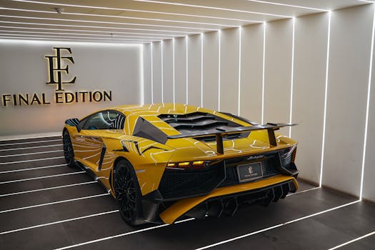 Luxury yellow sports car showcased in a sleek, modern showroom. Final Edition design.