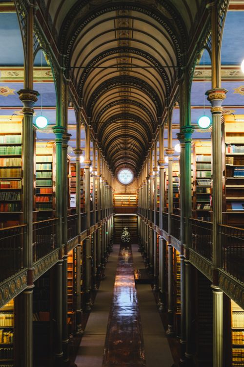 Free Explore this stunning historic library with ornate arches and rows of colorful bookshelves. Stock Photo