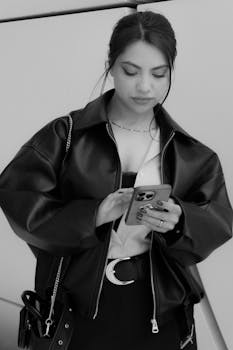 Stylish woman in leather jacket focused on her smartphone indoors.