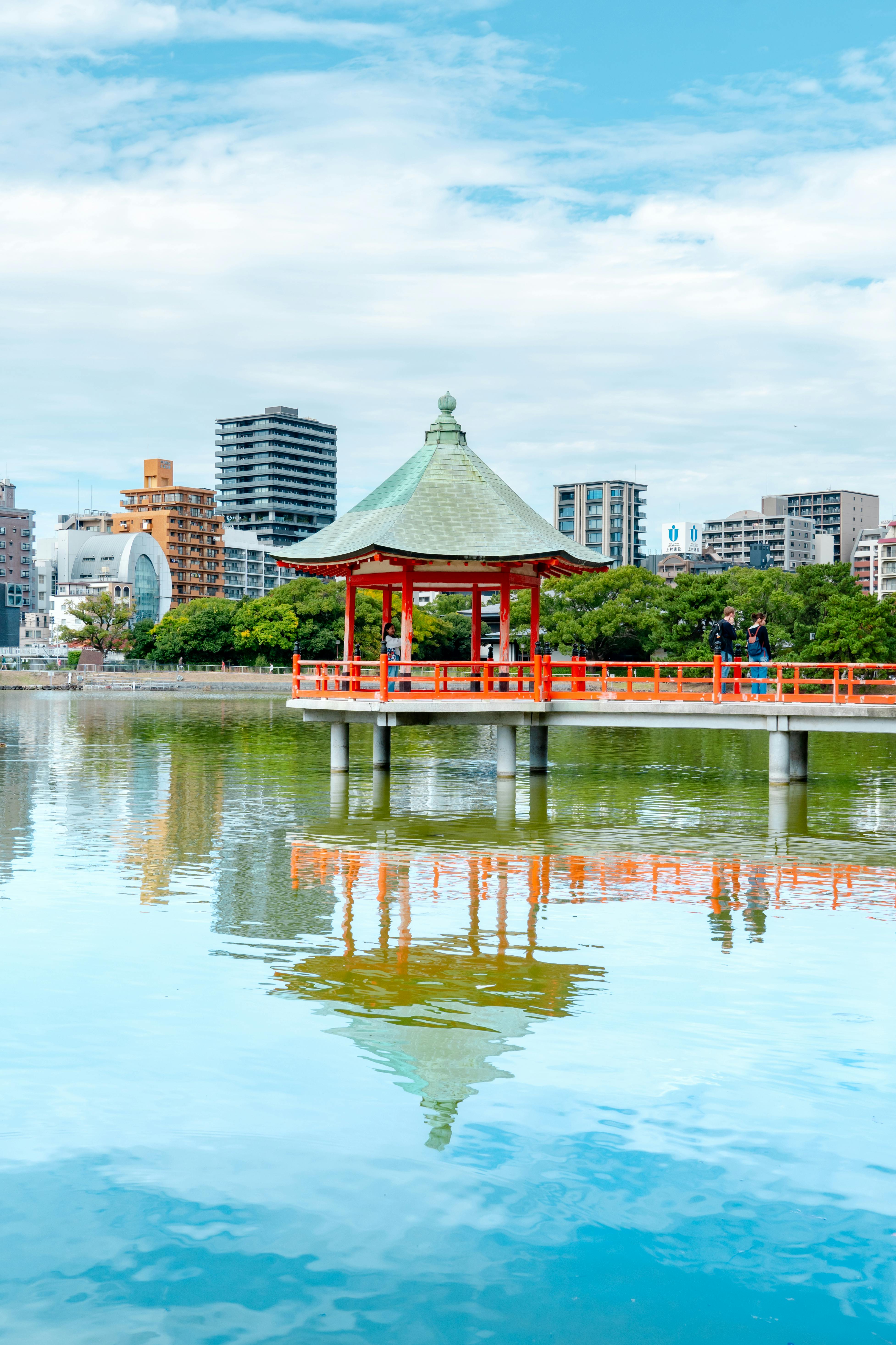 Pagoda reflected on the lake at Ohori Park in Fukuoka.