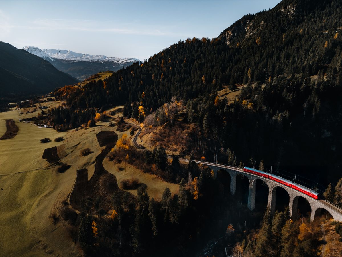 Tren rosu pe viaduct, vedere aeriana de toamna