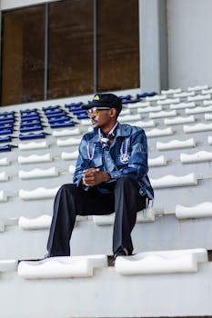 Stylish man in sunglasses and denim jacket sitting in stadium seating.