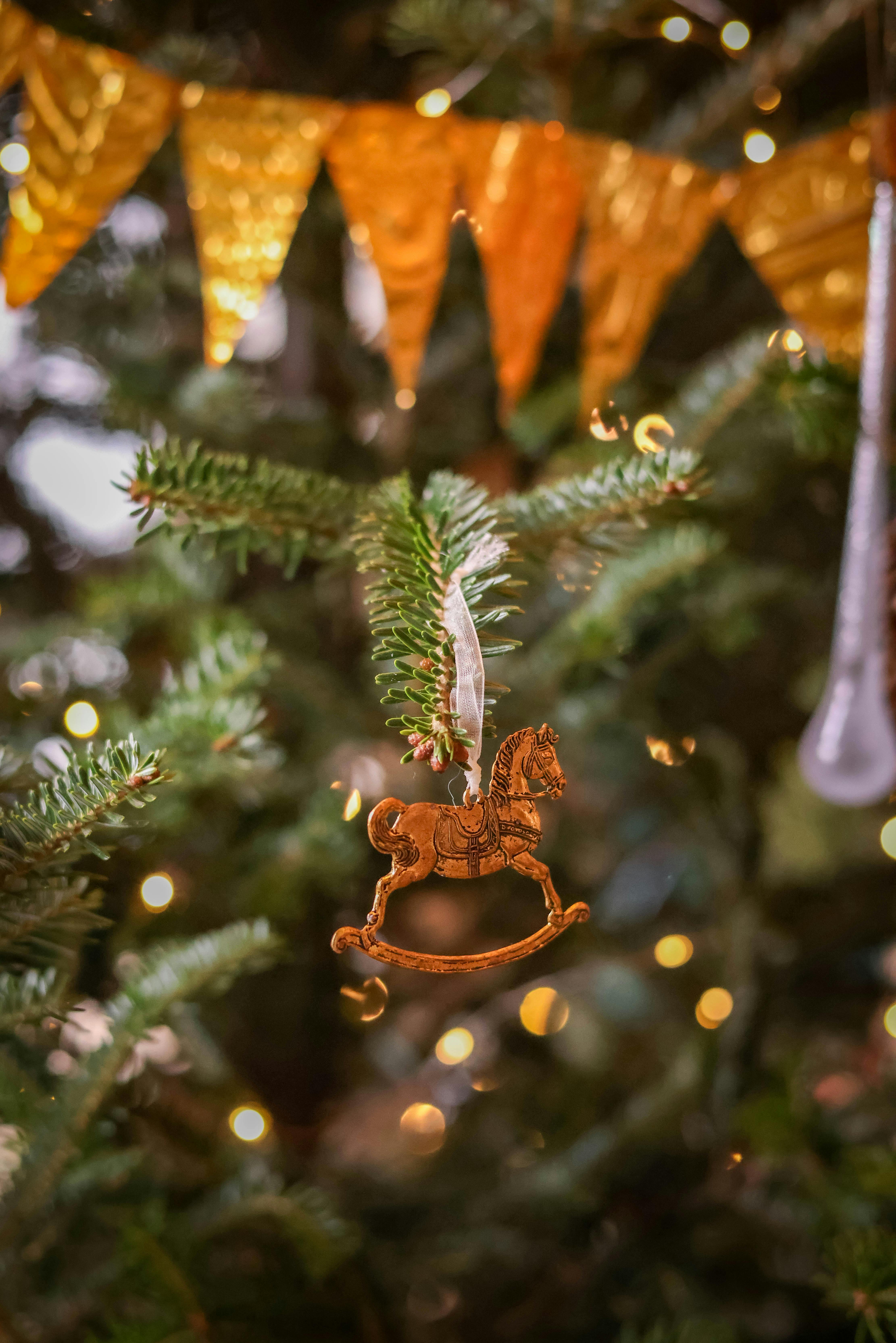 Close-up of a Christmas tree branch with festive ornaments and lights.