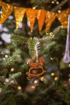 Close-up of a Christmas tree branch with festive ornaments and lights.