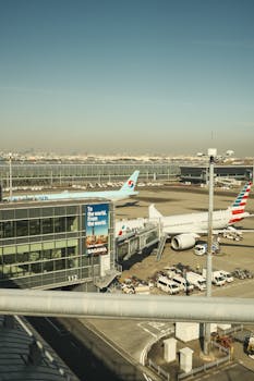 Aerial view of a bustling airport tarmac with parked airplanes and terminal building under clear skies.