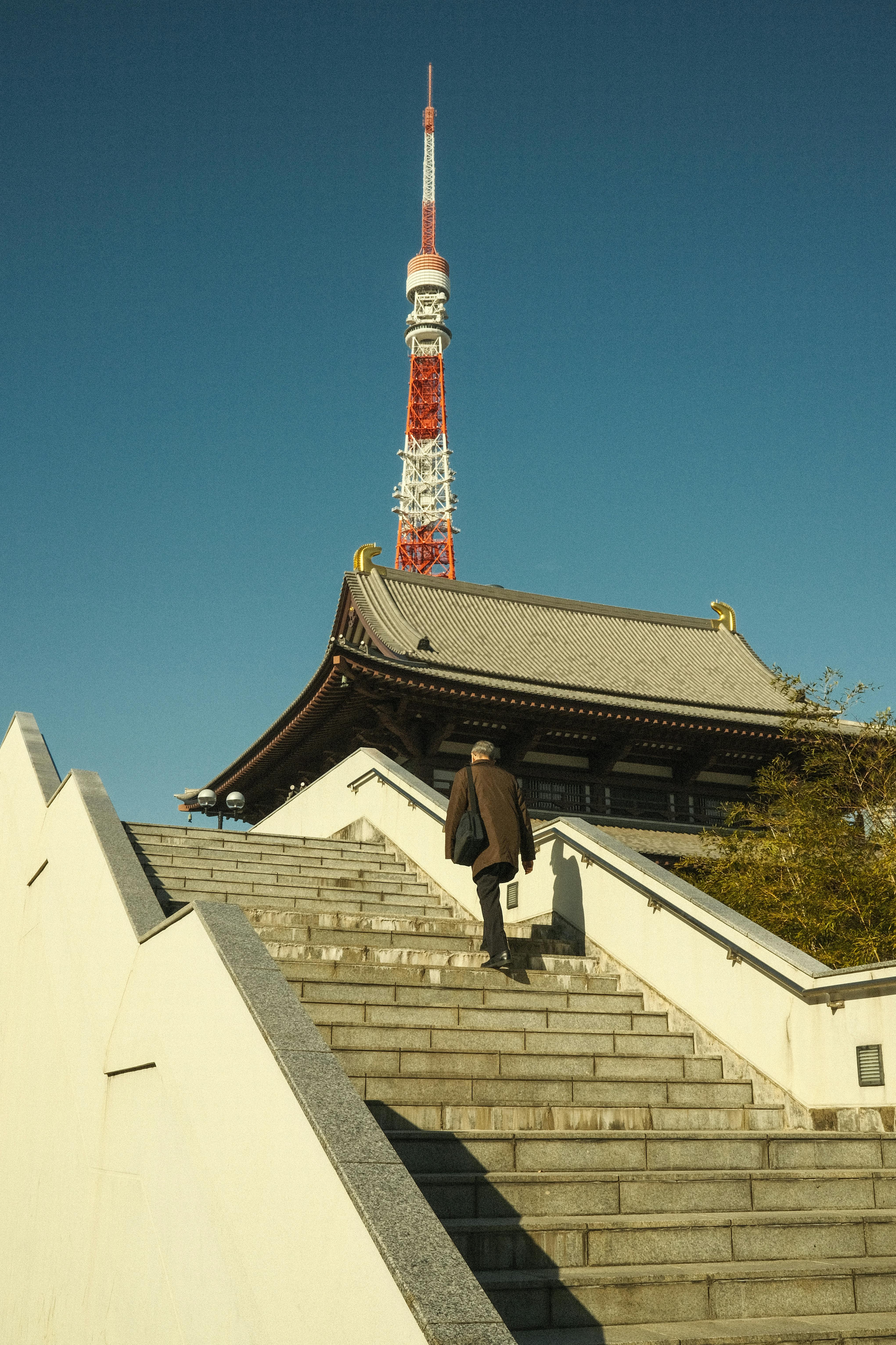 A man climbs towards Tokyo Tower on a sunny day, highlighting contrast and architecture.