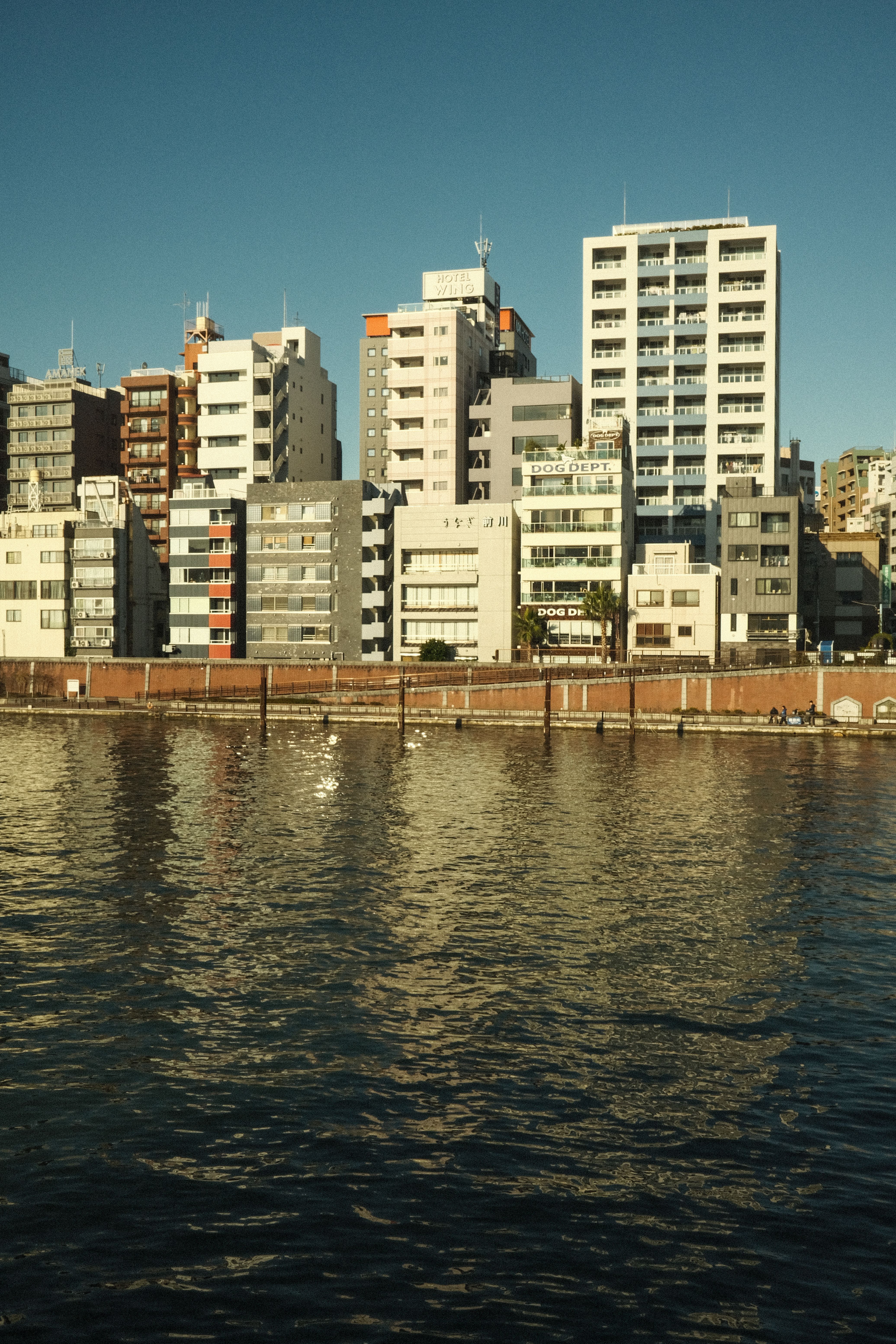 High-rise cityscape with buildings reflecting in the calm river under clear blue skies.