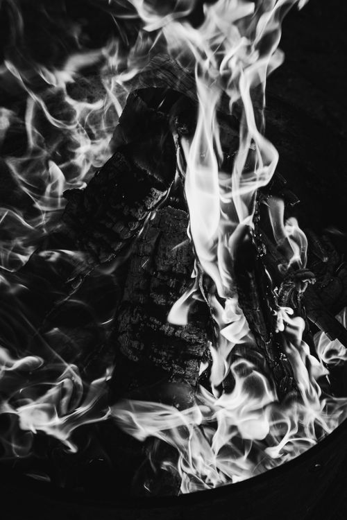 Free Close-up of flames engulfing charred wood, creating a dramatic black and white scene. Stock Photo