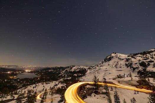 Long exposure capturing starry sky and snowy mountains at night.