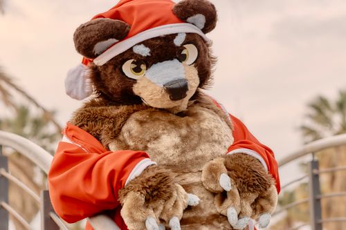 Free A person dressed in a bear costume with Santa outfit poses outdoors, celebrating the holiday spirit. Stock Photo