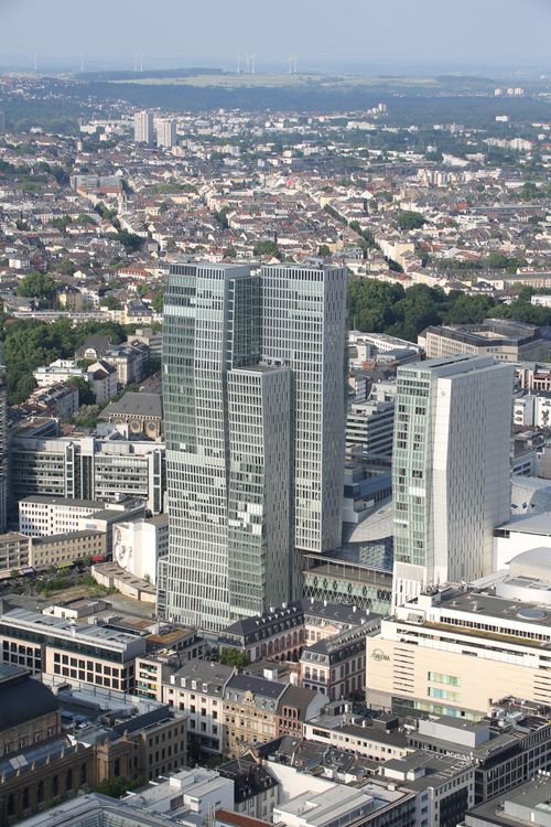 Free Stunning aerial capture of modern skyscrapers in Frankfurt with a cityscape background. Stock Photo
