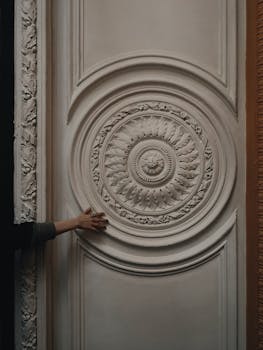 一只手轻抚着那扇雕刻精美的古董门