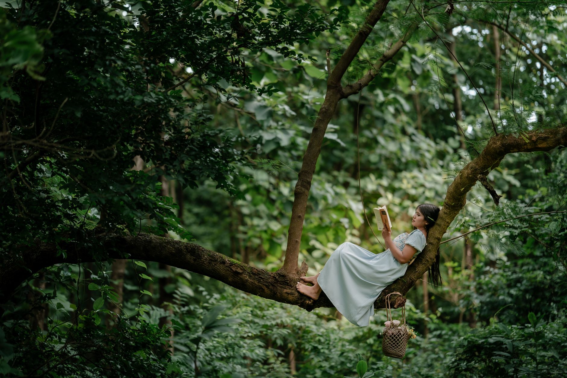 A woman peacefully reads a book while sitting on a tree branch in lush greenery.