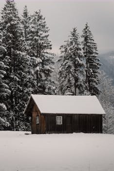A serene wooden hut nestled in the snow-covered forest of Hallstatt, Austria in winter.