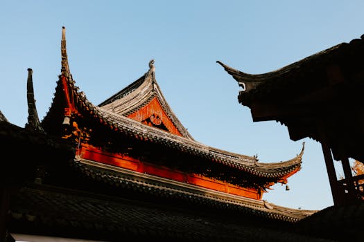 View of traditional Chinese temple roofs in Nanjing during autumn, showcasing intricate architectural details.