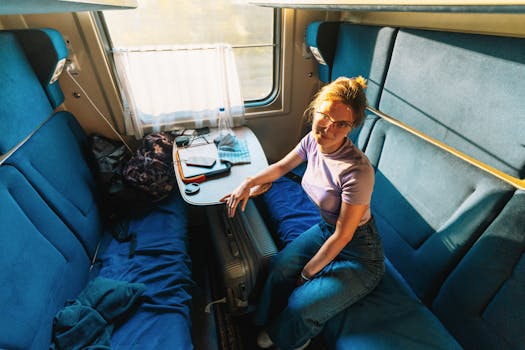 Woman sitting comfortably in a train compartment with blue seats, enjoying the journey.